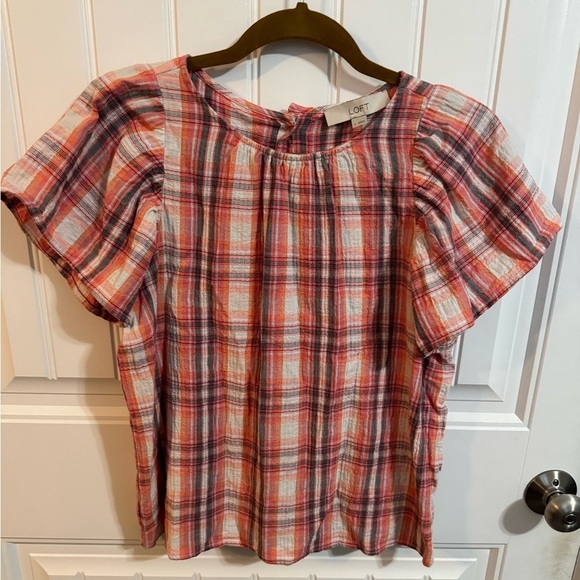 LOFT Plaid Flutter Sleeve Top With Button Detail Down Back - Picture 2 of 8
